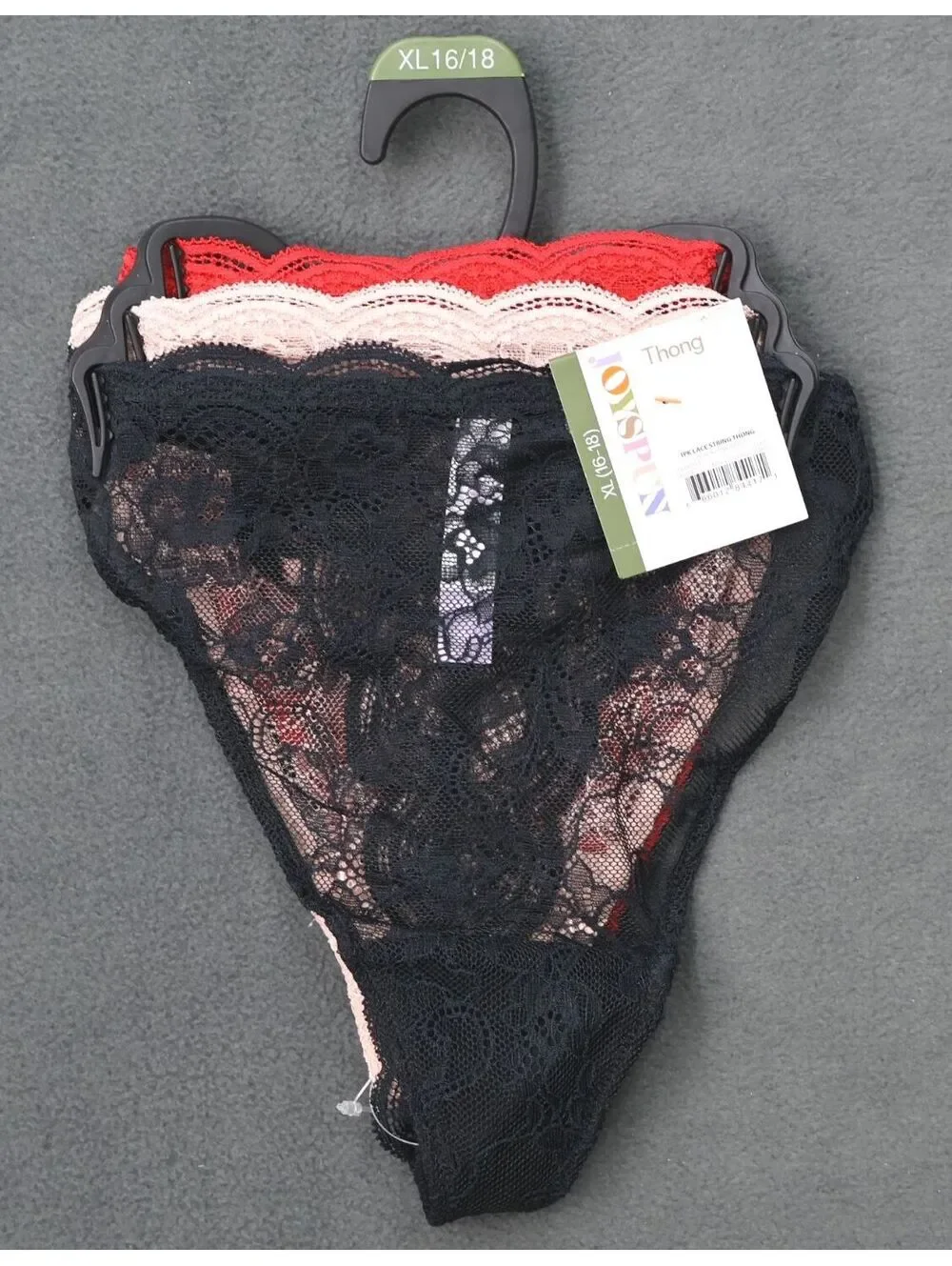 Joyspun 3-Pack Womens Lace String Thong Panties XL 16-18 Black Pink Red
